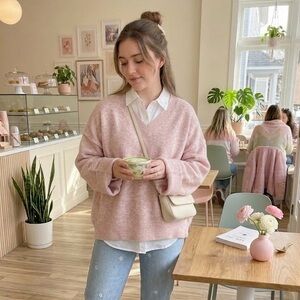 The Native Marled Pink V-Neck Oversized Sweater - Wool Blend - Soft - Size L